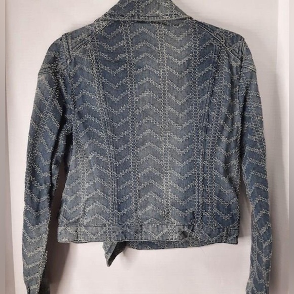 Free People Chevron Herringbone Punched Moto Jean Jacket Sz 4 Get Fall Readyđ! - Picture 4 of 13